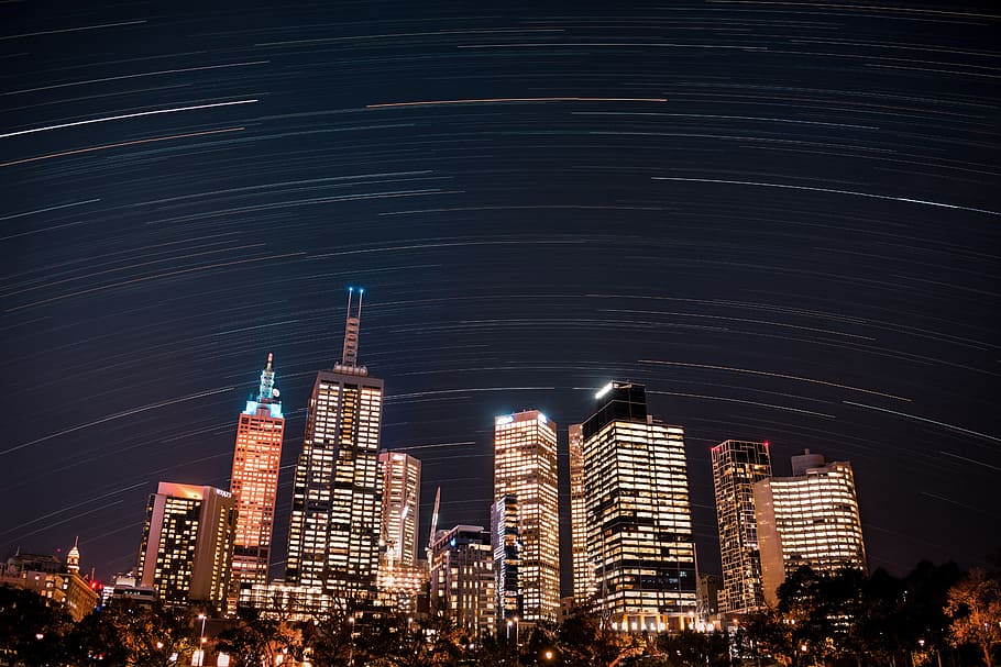 city with high-rise buildings at night, forest, city star trail, HD wallpaper