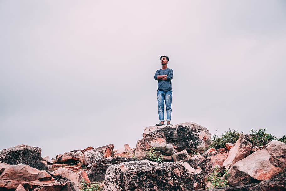 Man Standing On Rock, alone, person, rocks, solo, one person HD wallpaper