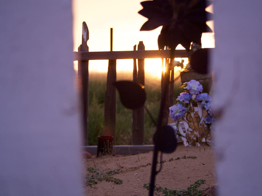 sunset, flowers, grave, fence, desert, grass, gravesite, picket, HD wallpaper