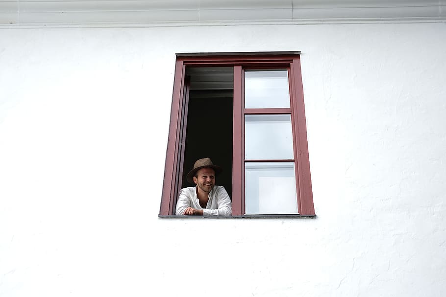 Person Looking Through Window, building, hat, looking away, man HD wallpaper