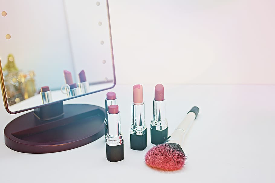 Four Assorted-color Lipsticks Beside Makeup Brush, bright, close-up HD wallpaper