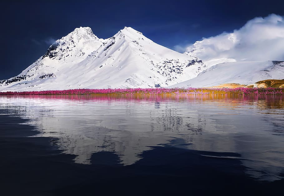 mountain, snow, reflection, water, landscape, mountains, nature HD wallpaper
