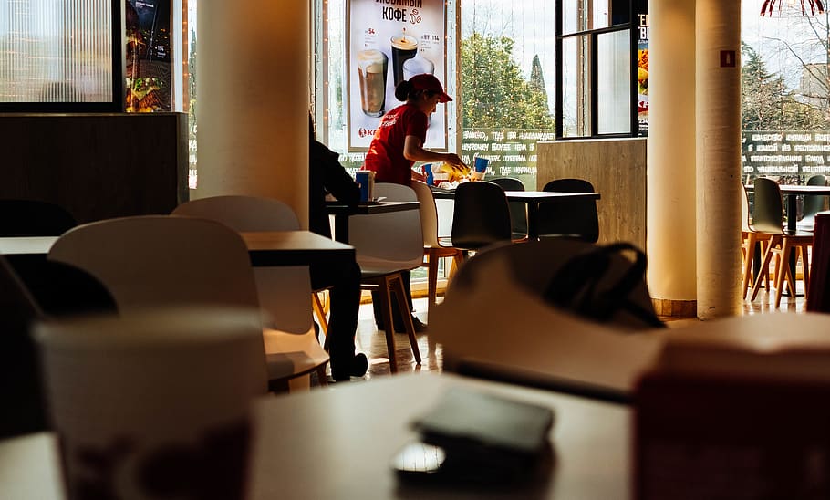 woman standing near table, restaurant, furniture, chair, cafe, HD wallpaper