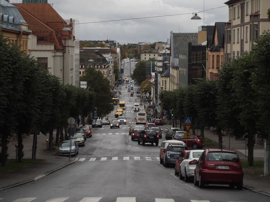 finland, turku, road, autumn, grey, streets, city, bus, rainy, HD wallpaper