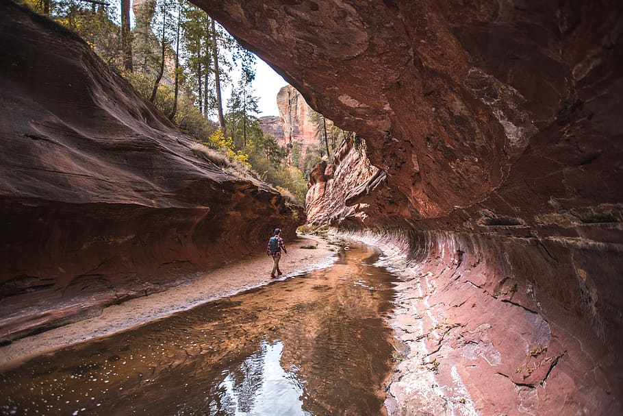 brown stone cave, human, person, nature, outdoors, mountain, united states HD wallpaper
