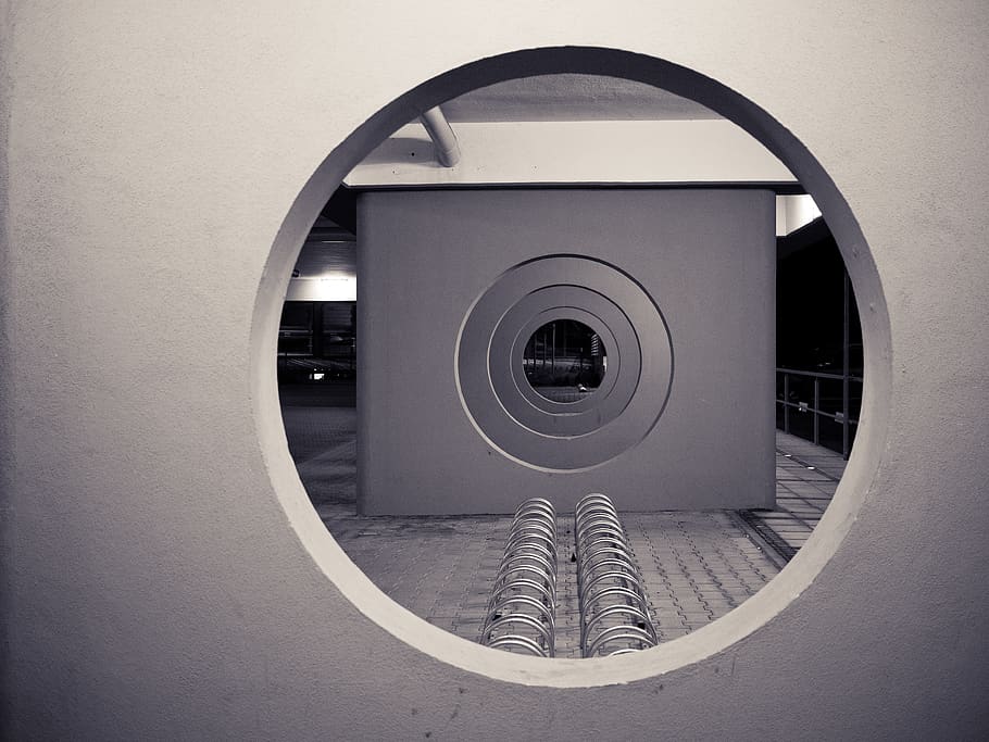tunnel, concrete, parking, bikes, architecture, circle, geometric shape HD wallpaper
