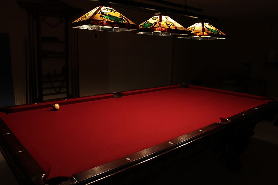 pool table, red, bar, low light, dim, pool - cue sport, arts culture and entertainment