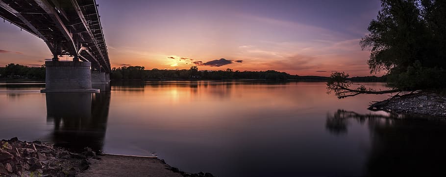 Silhouette of Bridge, backlit, dawn, evening, landscape, light HD wallpaper
