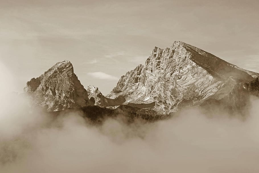 black white, watzmann, clouds, fog, sea of fog, alpine, background HD wallpaper