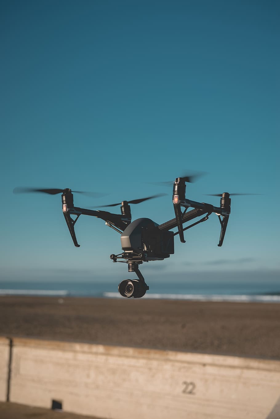 black quadcopter drone flying, sky, clear sky, blue, nature, land HD wallpaper