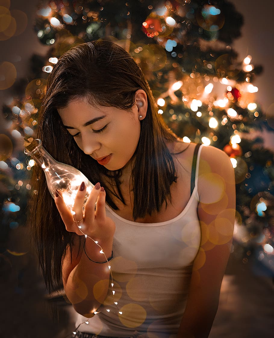 Woman Holding Glass Bottle, christmas, person, string lights HD wallpaper