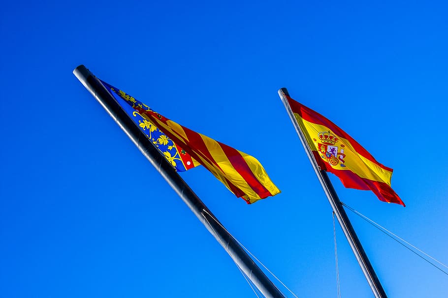 spain, valencia, flag, blue, sky, wind, patriotism, clear sky HD wallpaper