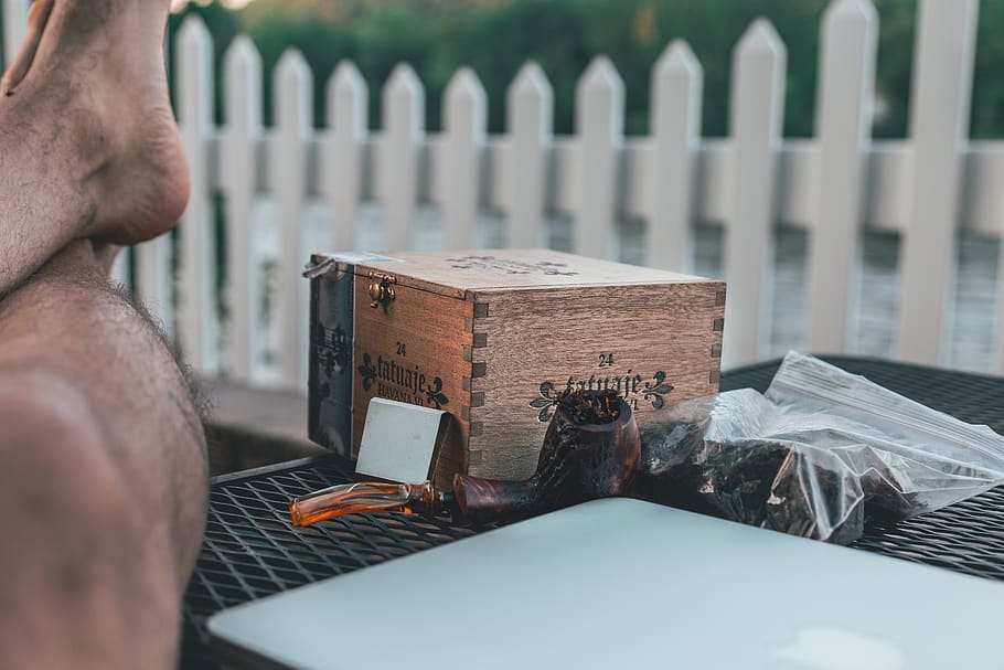 Brown Trinket Box on Black Table, daylight, feet, landscape, laptop HD wallpaper