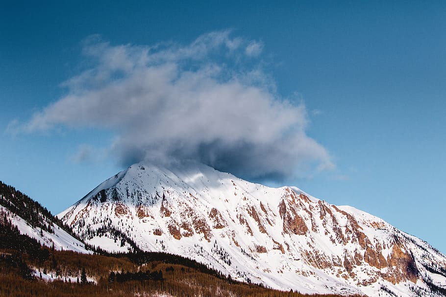 snow, winter, blue, sky, clouds, mountain, landscape, nature HD wallpaper