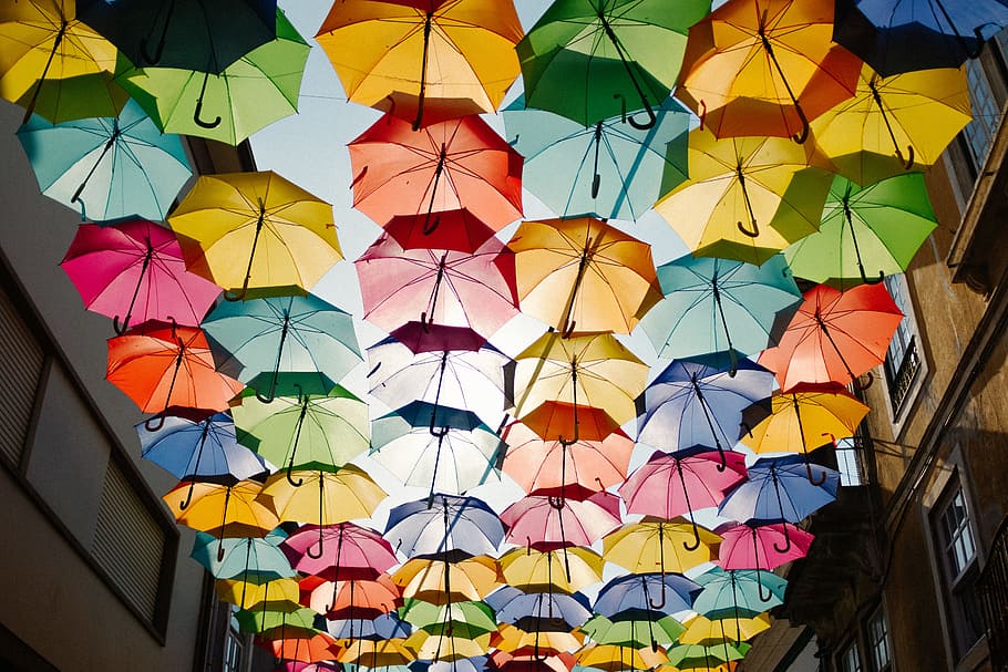 assorted-color umbrella roof design, art, installation, covering