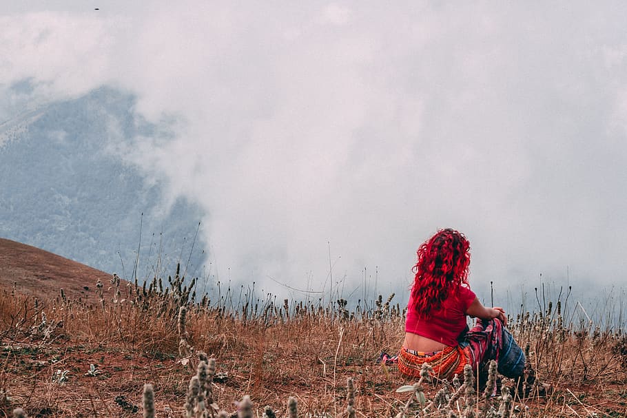 lady, red, forest, cloud, sky, iran, solansar, shomal, gilan HD wallpaper