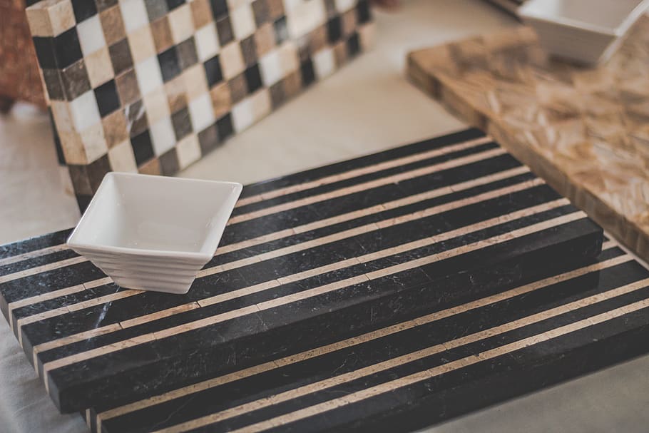 Square White Bowl and Black Wooden Surface, close-up, design HD wallpaper