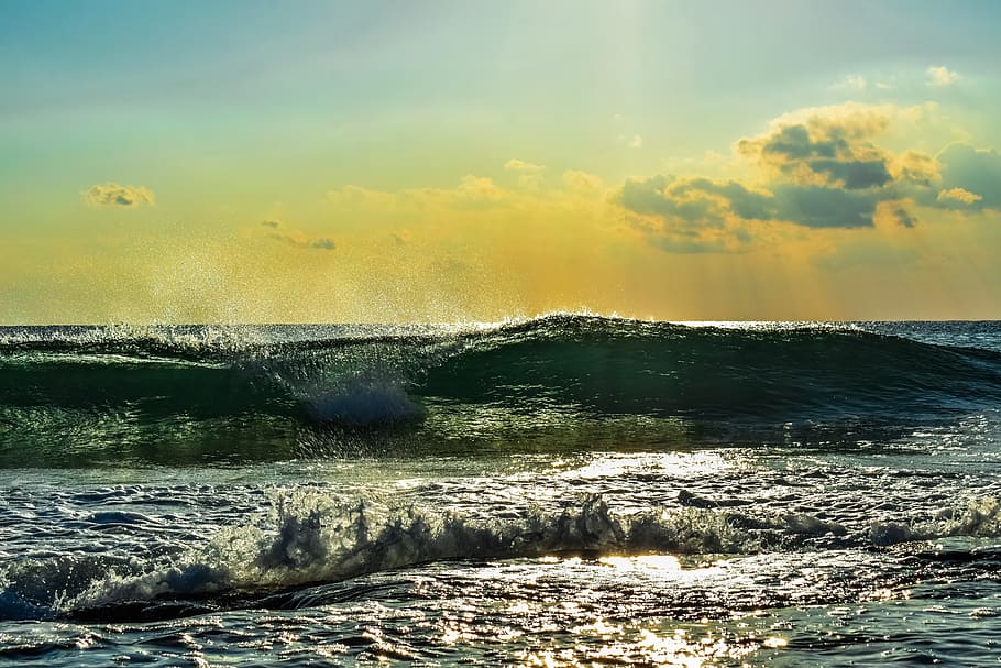 wave, sunset, sea, evening, sky, clouds, nature, seascape, ocean HD wallpaper