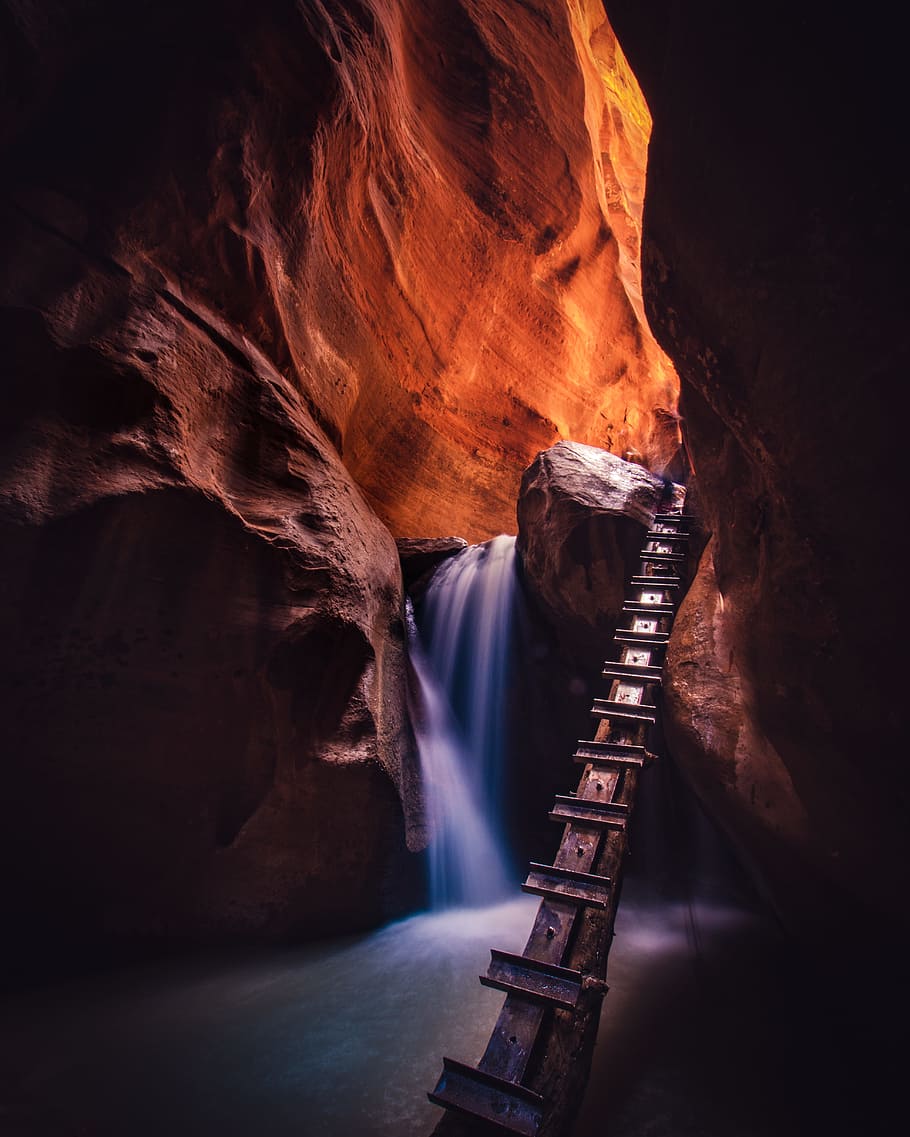 waterfalls inside cave, rock, orange, ladder, rock formation HD wallpaper
