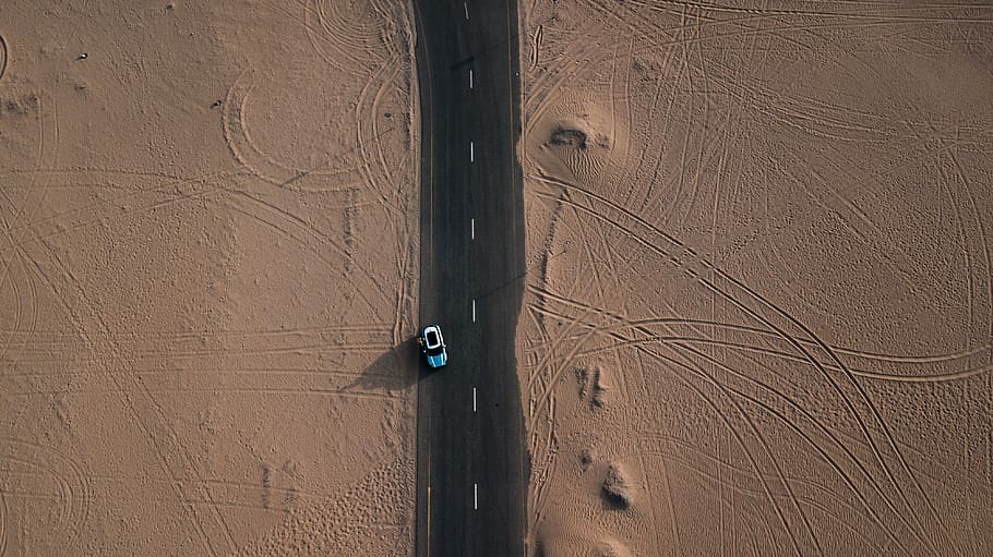 Top View Photo of Vehicle On Roadway, bird's eye view, car, desert
