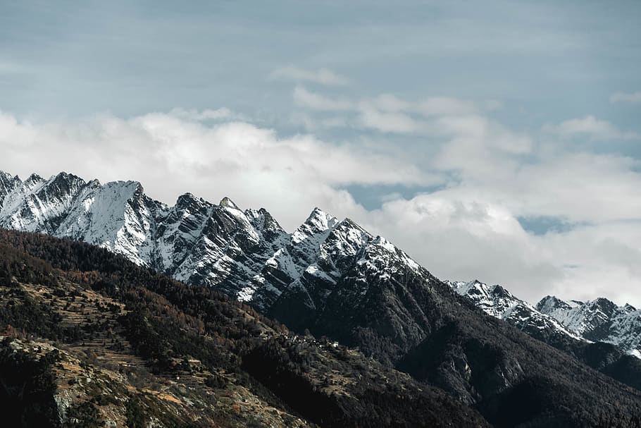 snow covered mountain peaks, hiking, exploring, moody, hd, background