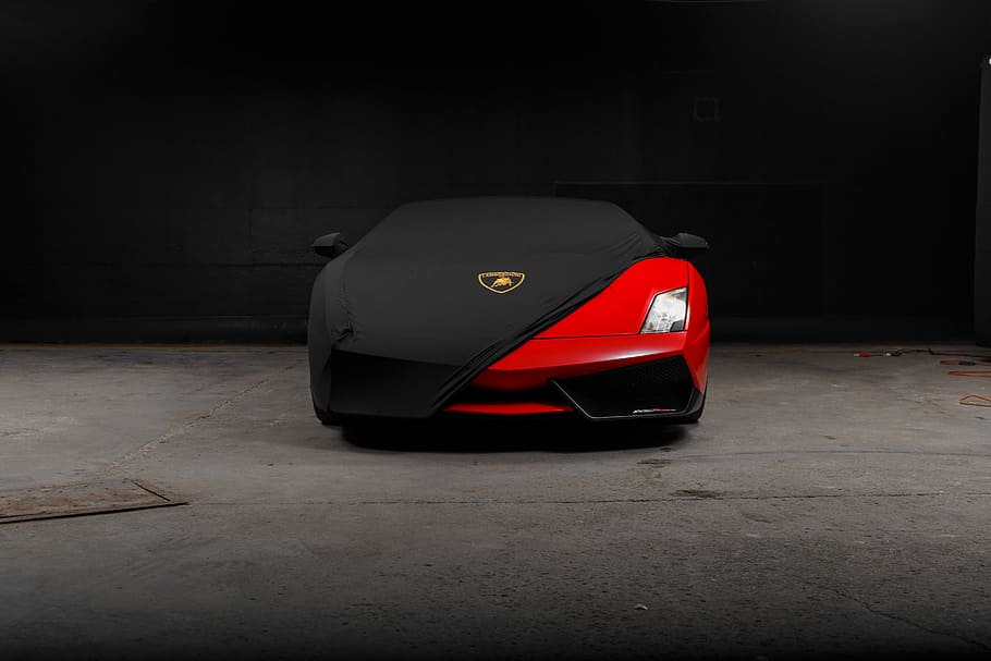 red Lamborghini Gallardo, supercar, luxury, reveal, covered, show, HD wallpaper