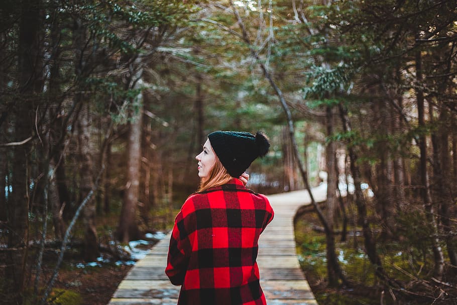 woman on pathway between trees, clothing, apparel, human, person HD wallpaper
