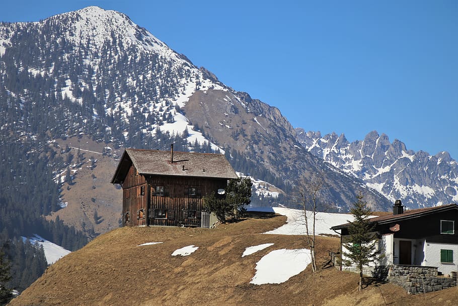 wooden cottage, mountains, wychodka, hut, high, the alps, scenery, HD wallpaper