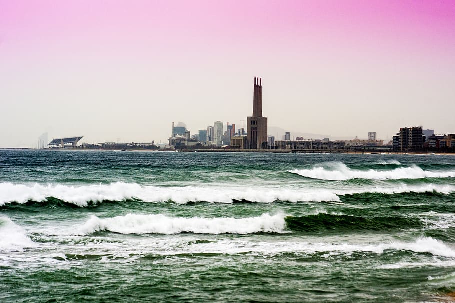 waves, wind, sea, costa, beach, marina, sky, skyline, badalona HD wallpaper