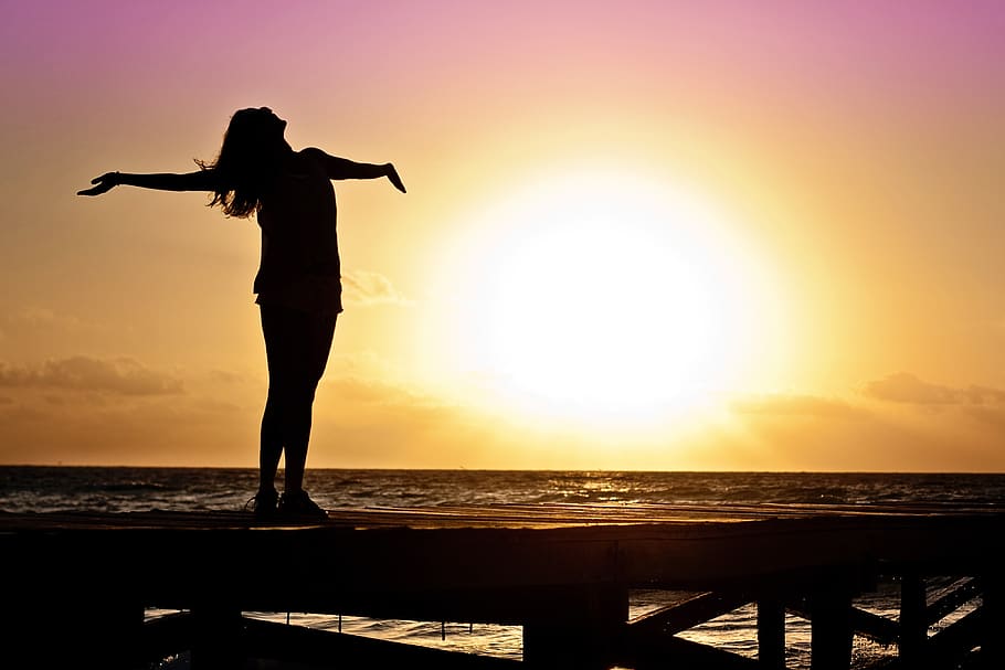 Silhouette Photo of Woman Against during Golden Hour, beach, dark HD wallpaper