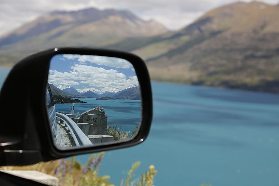 travel, exploring, mirror, auto, road, mountains, heaven, sky HD wallpaper