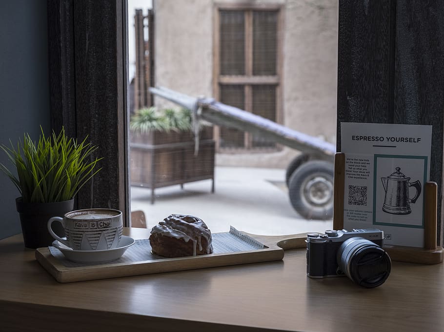 Camera Beside Pastry, beverage, bread, coffee, coffee shop, drink HD wallpaper