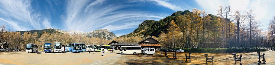 Group of People Near Vehicles, beautiful, buses, cloud, daylight HD wallpaper