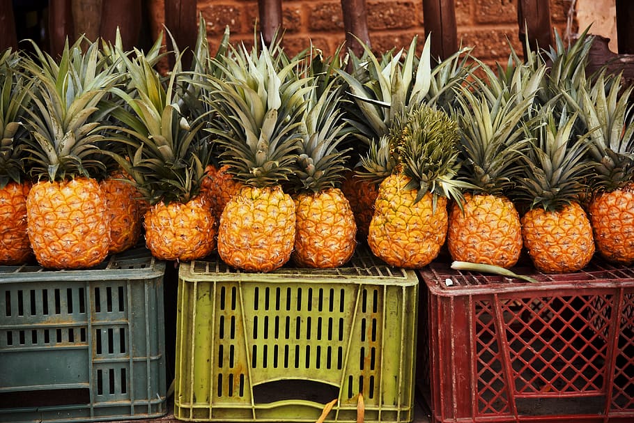 pineapple on crates, food and drink, tropical fruit, healthy eating HD wallpaper
