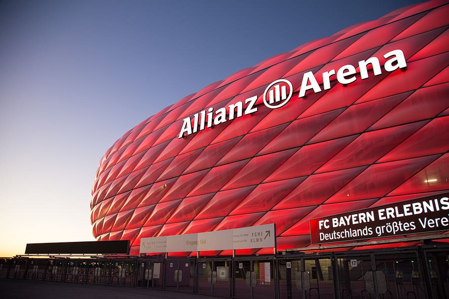 red Allianz arena, building, stadium, symbol, flag, bullring, HD wallpaper