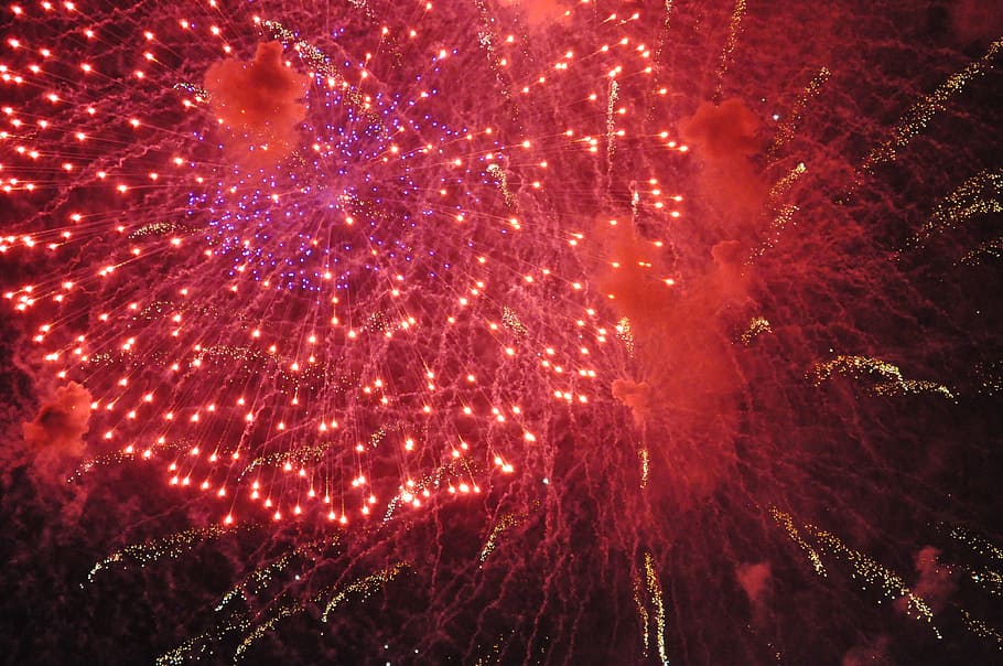 night, fire, fireworks, sky, light, red, yellow, flares, illuminated HD wallpaper