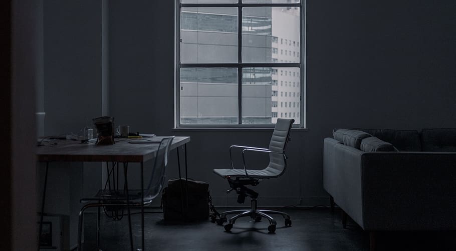 building, black and white, office, room, work, desk, table