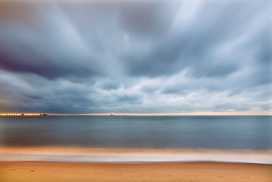 beach, dawn, dusk, evening, landscape, ocean, sand, sea, seascape HD wallpaper