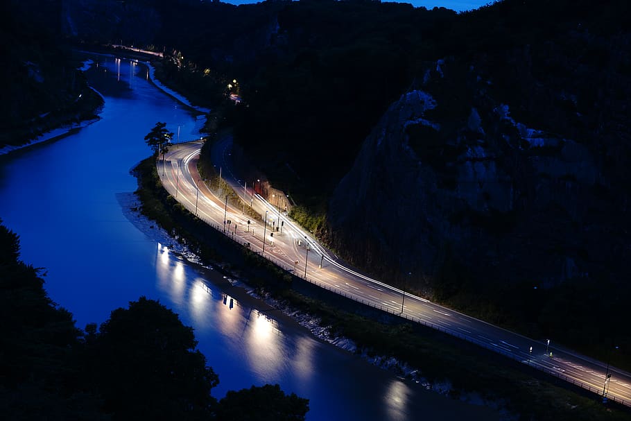 lake, bridge, water, illuminated, night, nature, reflection HD wallpaper