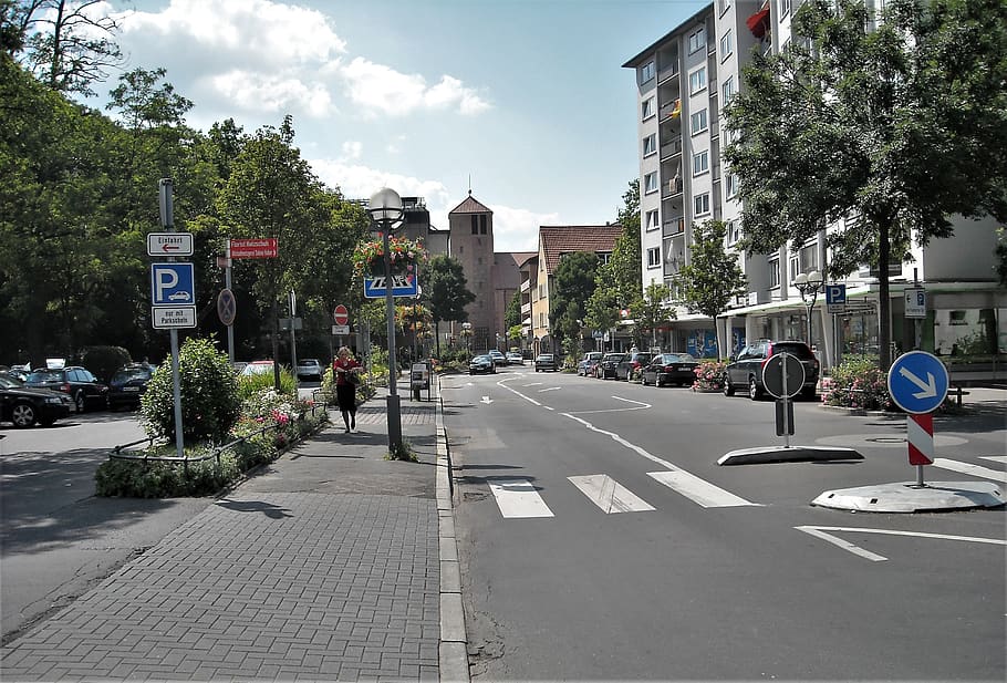 germany, hanau, city, transportation, tree, street, architecture HD wallpaper