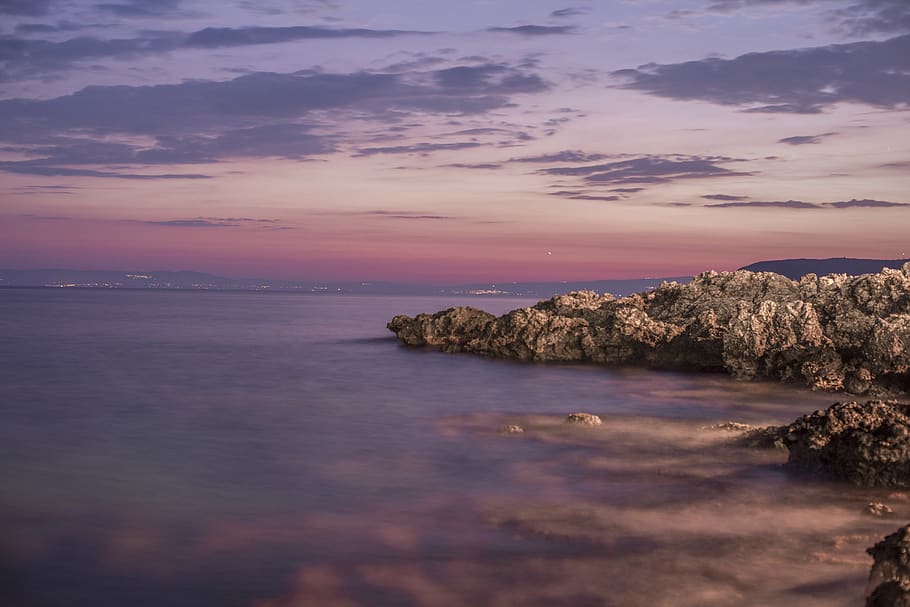 sea, purple, sky, clouds, summer, greece, coast, beach, water HD wallpaper