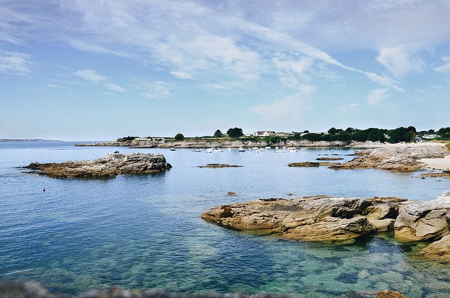 france, ploemeur, rocks, boats, bretagne, swim, sea, blue, water, HD wallpaper
