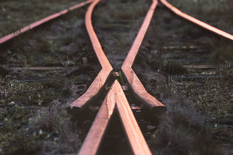 Selective-focus Photography of Train Rail, colors, daylight, environment HD wallpaper