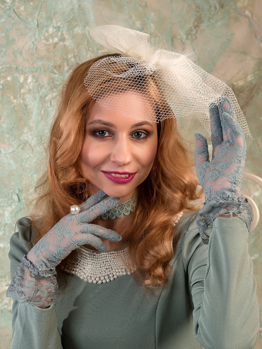 cap, veil, spring, portrait, smile, makeup, gloves, mint shades HD wallpaper