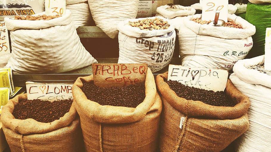 israel, jerusalem, beans, coffee, marketplace, shop, sack, text HD wallpaper