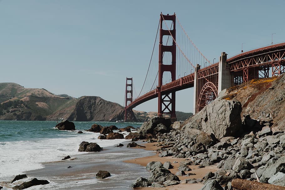 suspension bridge, sky, built structure, rock, water, architecture HD wallpaper