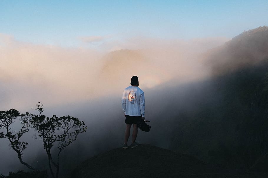 man standing on mountain, one person, fog, rear view, men, full length HD wallpaper