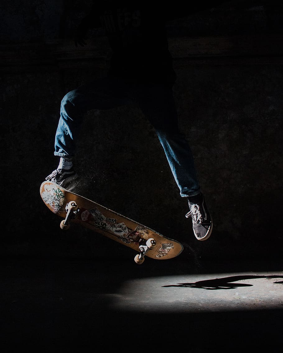 person about to stunt using brown skateboard, sport, human, sports, HD wallpaper