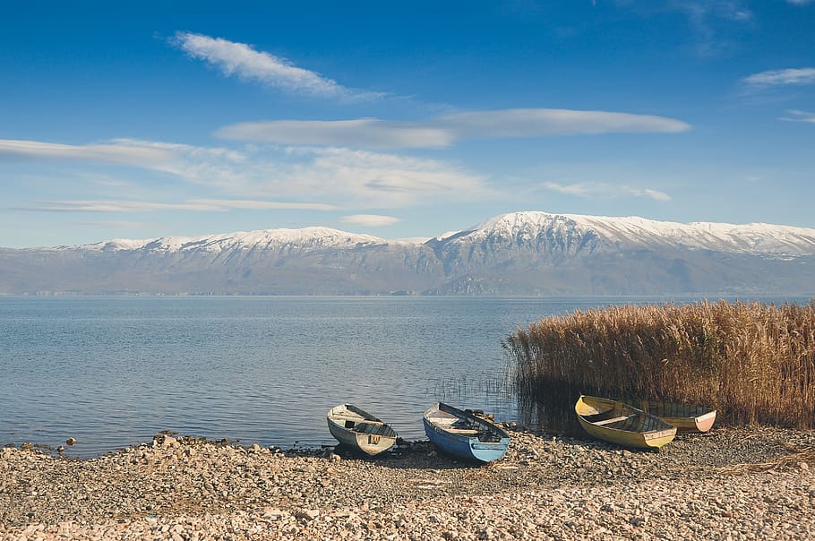 mountains, lake, winter, snowcap, water, landscape, ohrid, macedonia, HD wallpaper