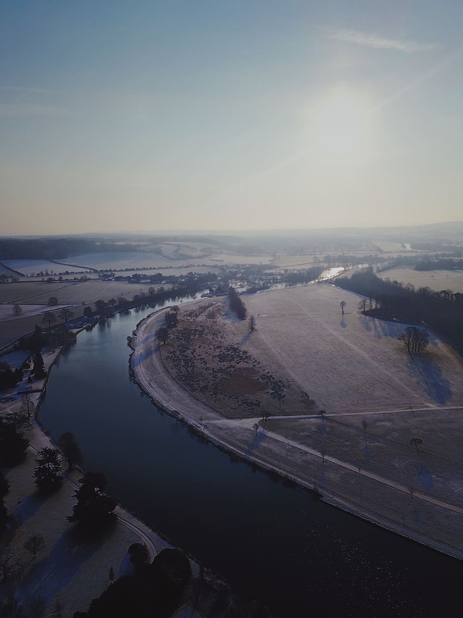 united kingdom, henley-on-thames, drone, snow, river, trees